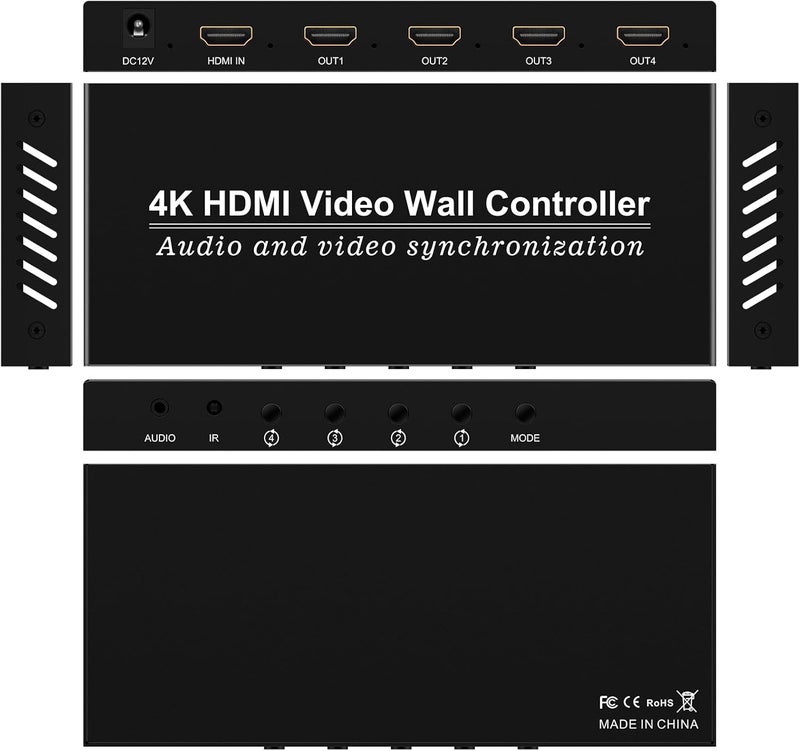 HDSUNWSTD Video Wall Controller HDMI 1X4,Splicing Professional Processor with 4 HDMI+3.5mm Audio Output 180 Degree Rotate TV Wall Display 8 Splicing Modes 1x1, 1x2, 1x3, 1x4, 2x1, 3x1,4x1, 2x2 - Image 1